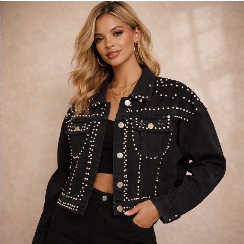 Before You With Love From All Studded Cropped Denim Jacket Size S